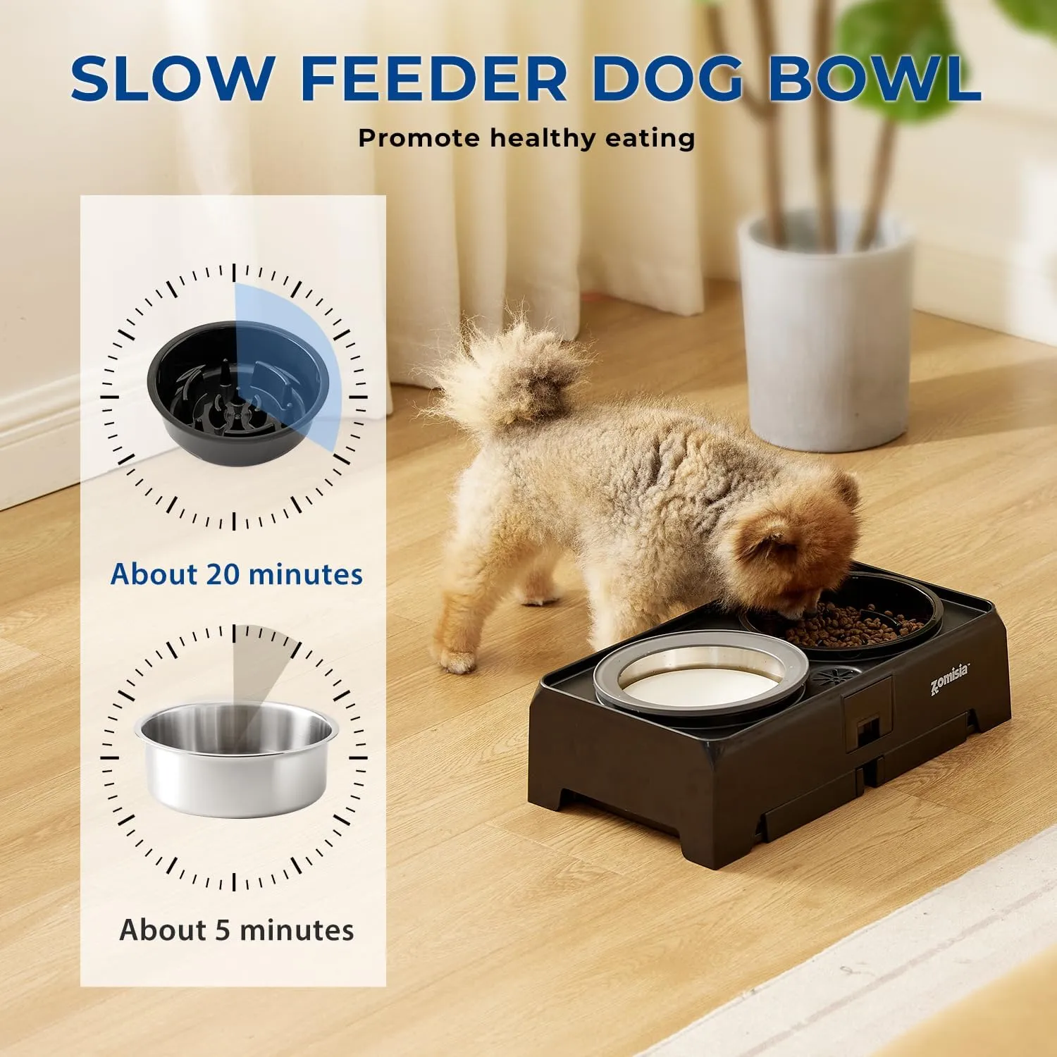Elevated Dog Bowls, Slow Feeder Food Bowl & Large No-Spill Water Bowl 68oz with Water Collection, 4 Heights Adjustable to 13.4" with Stand for Small Medium Large Dogs