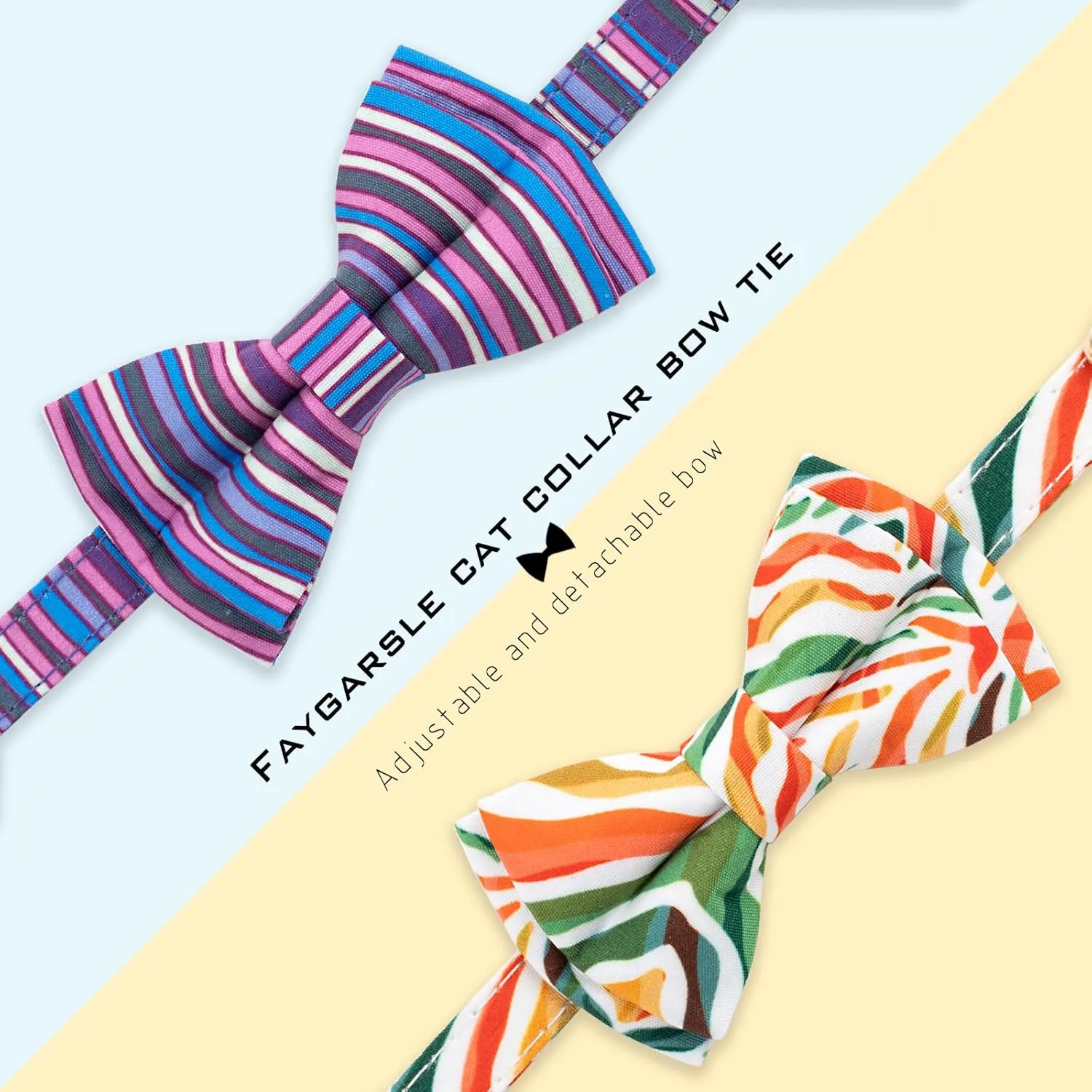 Faygarsle 2 Pack Breakaway Cat Collar with Bowtie and Bell, Striped Pattern, 2 Pack, Purple and Rainbow Colors for Boy Girl Cats