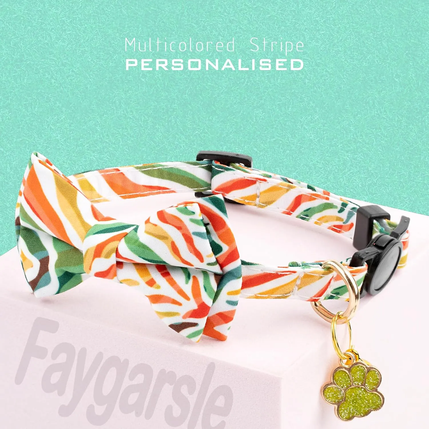 Faygarsle 2 Pack Breakaway Cat Collar with Bowtie and Bell, Striped Pattern, 2 Pack, Purple and Rainbow Colors for Boy Girl Cats