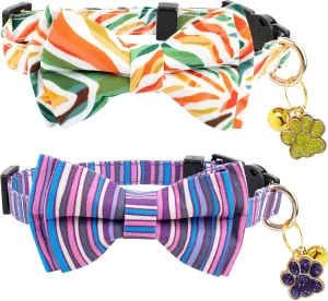 Faygarsle 2 Pack Breakaway Cat Collar with Bowtie and Bell, Striped Pattern, 2 Pack, Purple and Rainbow Colors for Boy Girl Cats