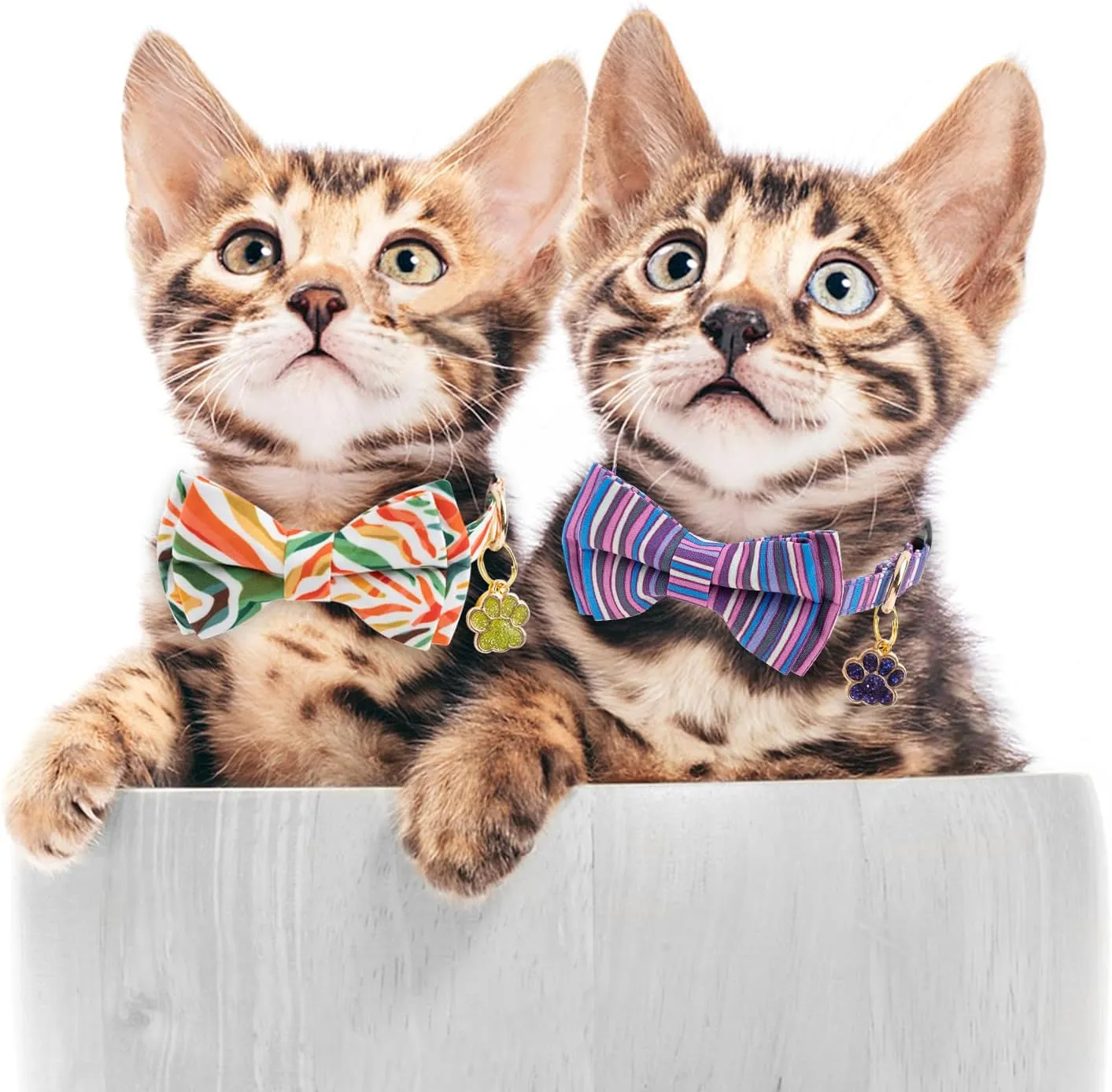 Faygarsle 2 Pack Breakaway Cat Collar with Bowtie and Bell, Striped Pattern, 2 Pack, Purple and Rainbow Colors for Boy Girl Cats