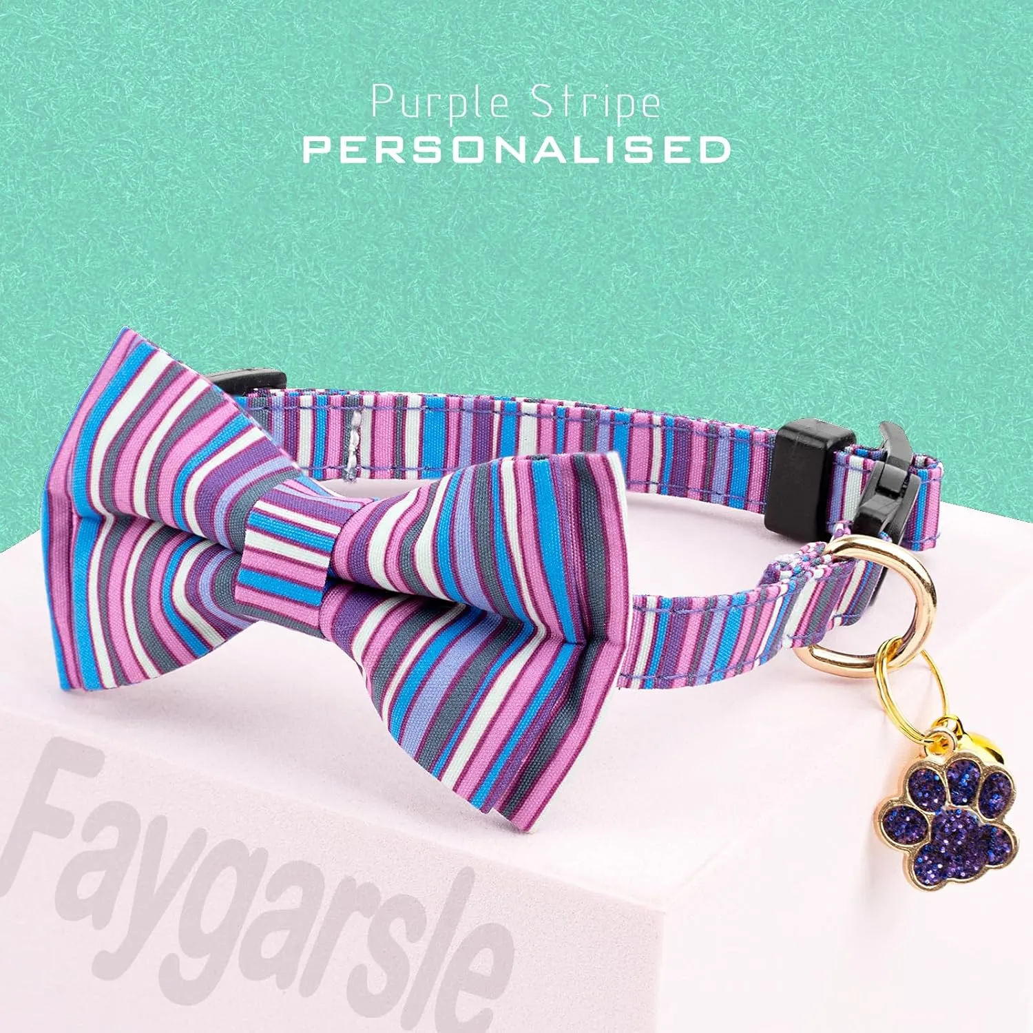 Faygarsle 2 Pack Breakaway Cat Collar with Bowtie and Bell, Striped Pattern, 2 Pack, Purple and Rainbow Colors for Boy Girl Cats