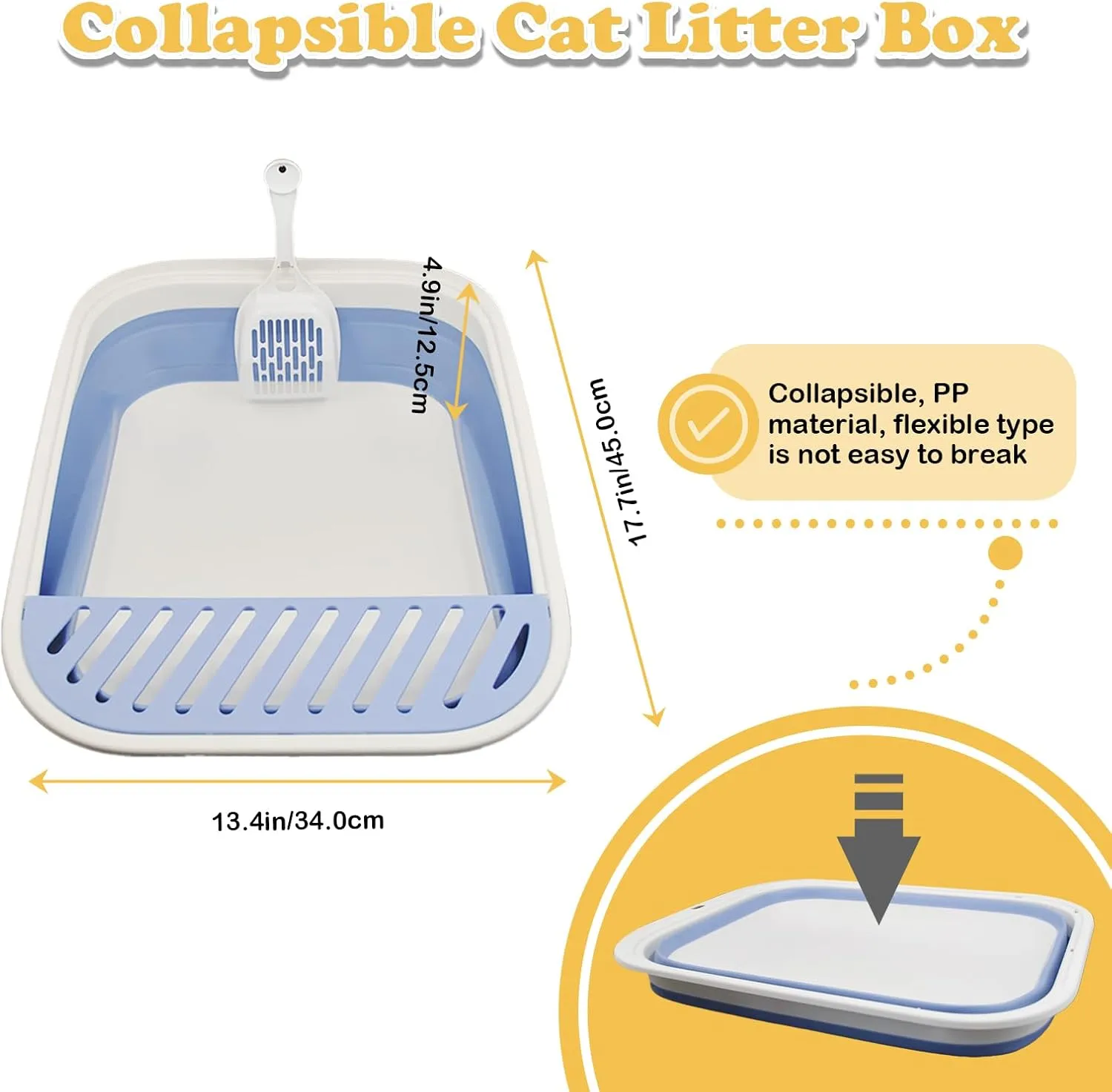 Foldable Kitty Litter Box Open Potty Pan Cat Toilet Portable Cats Litter Box Travel Litter with Scoop Waterproof Low Entrance for Kitten and Cat Toilet Easy Clean 17.7"13.4"x4.9"(Blue)