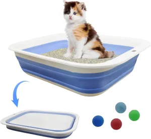 Foldable Kitty Litter Box Open Potty Pan Cat Toilet Portable Cats Litter Box Travel Litter with Scoop Waterproof Low Entrance for Kitten and Cat Toilet Easy Clean 17.7"13.4"x4.9"(Blue)