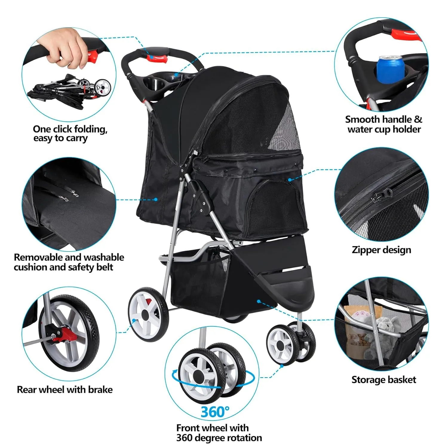 Foldable Pet Stroller for Cats and Dogs 3 Wheels Carrier Strolling Cart with Weather Cover, Storage Basket   Cup Holder (Black)