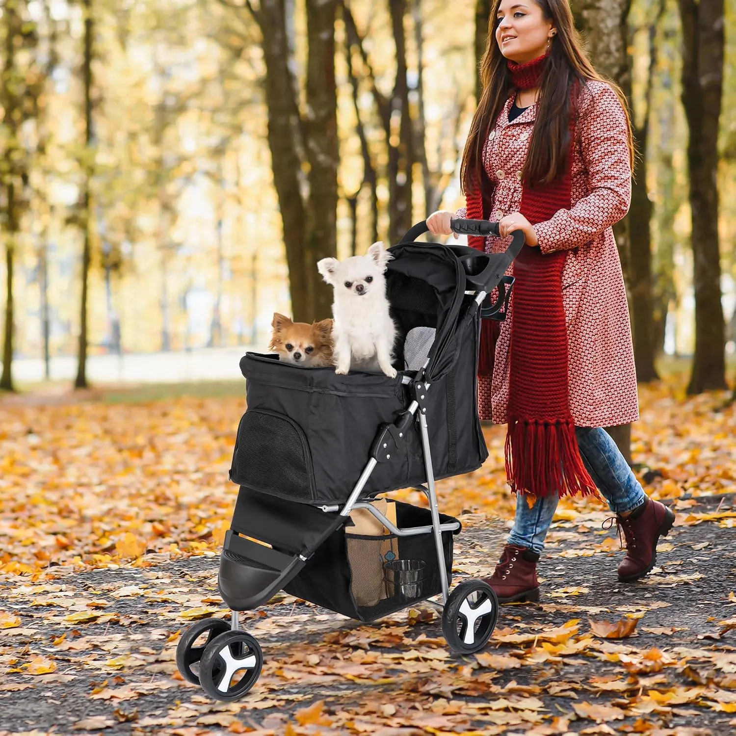 Foldable Pet Stroller for Cats and Dogs 3 Wheels Carrier Strolling Cart with Weather Cover, Storage Basket   Cup Holder (Black)