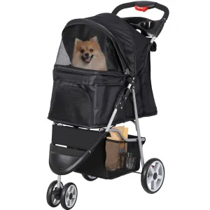 Foldable Pet Stroller for Cats and Dogs 3 Wheels Carrier Strolling Cart with Weather Cover, Storage Basket   Cup Holder (Black)