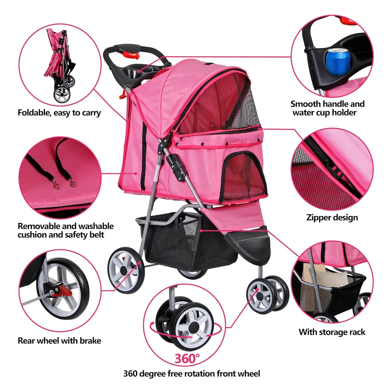 Foldable Pet Stroller for Cats and Dogs 3 Wheels Carrier Strolling Cart with Weather Cover, Storage Basket   Cup Holder (Pink)