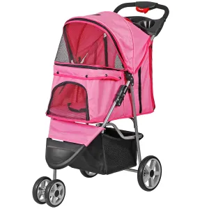 Foldable Pet Stroller for Cats and Dogs 3 Wheels Carrier Strolling Cart with Weather Cover, Storage Basket   Cup Holder (Pink)