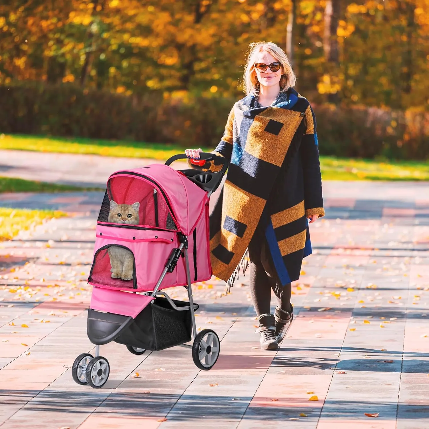 Foldable Pet Stroller for Cats and Dogs 3 Wheels Carrier Strolling Cart with Weather Cover, Storage Basket   Cup Holder (Pink)