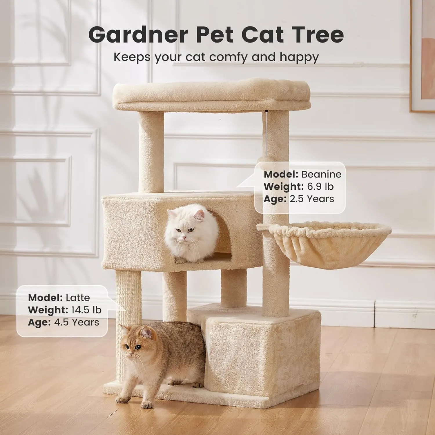 Gardner Pet 41" Tall Cat Tree for Large Cats, Heavy Duty Cat Tower with 3.2in Posts & Washable Top Perches, Space-Saving Cat Furniture with Replaceable Natural Sisal for Apartments, Easy to Assembly