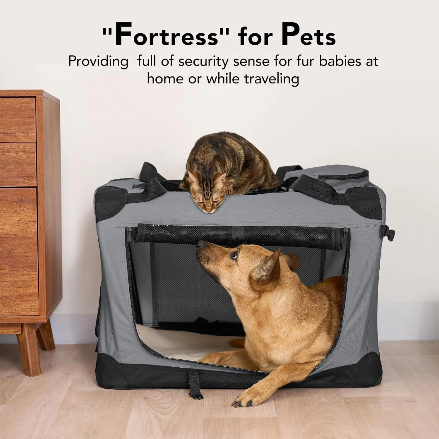 HICC PULE Collapsible Portable Dog Crate, 28 Inch for Medium/Small Dogs, 3-Door Soft-Sided Pet Kennel for Indoor & Outdoor, Car Trip, Grey