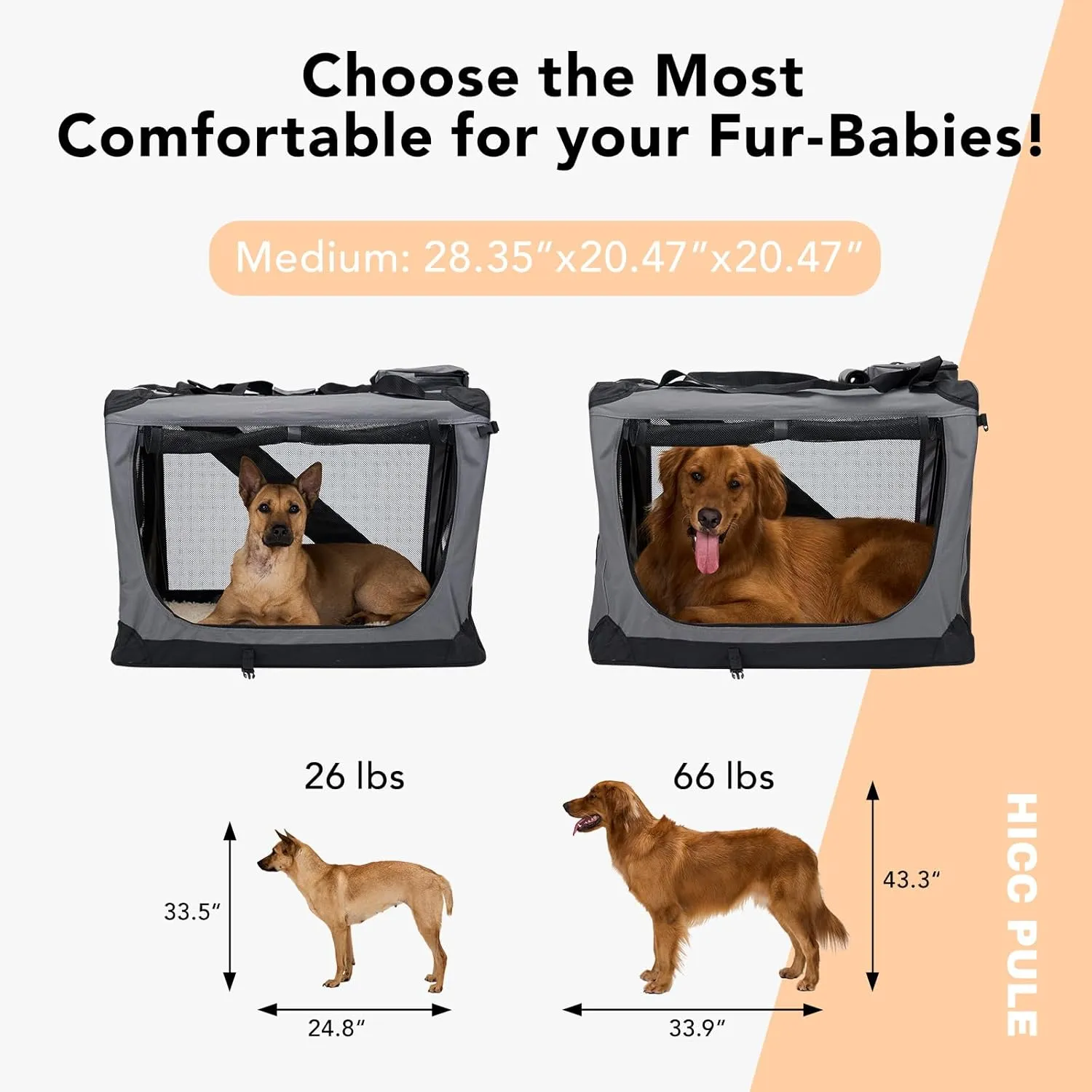 HICC PULE Collapsible Portable Dog Crate, 28 Inch for Medium/Small Dogs, 3-Door Soft-Sided Pet Kennel for Indoor & Outdoor, Car Trip, Grey