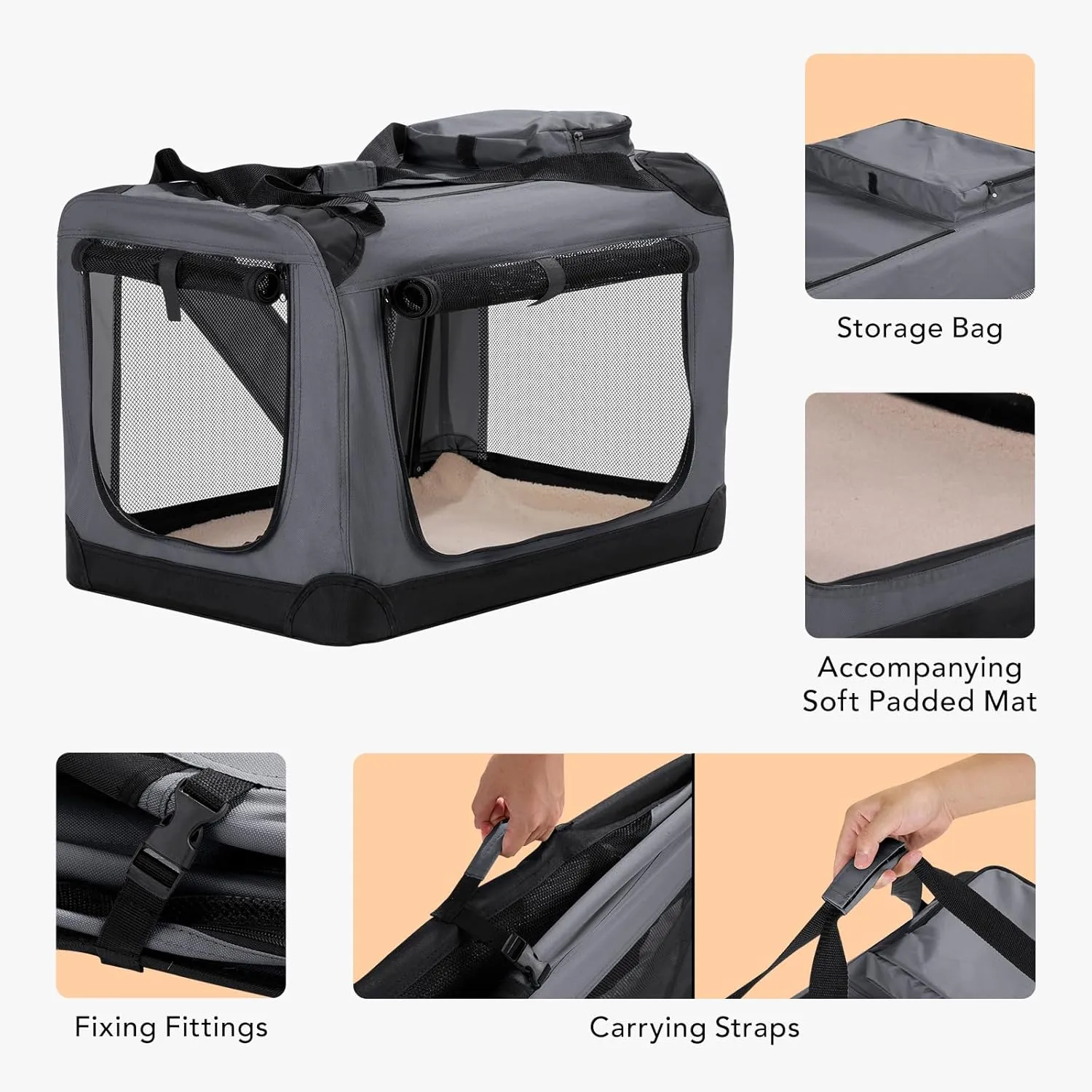 HICC PULE Collapsible Portable Dog Crate, 28 Inch for Medium/Small Dogs, 3-Door Soft-Sided Pet Kennel for Indoor & Outdoor, Car Trip, Grey