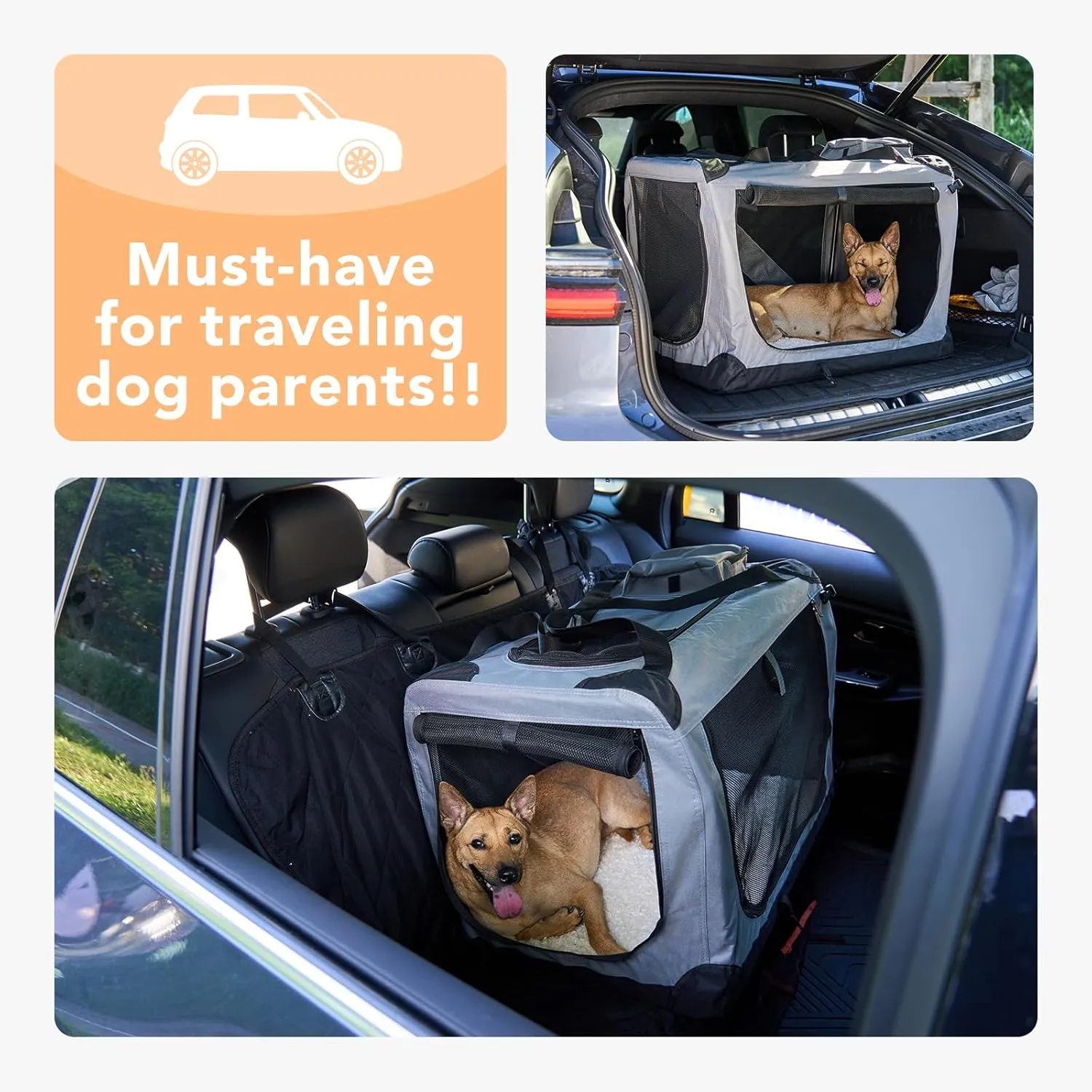 HICC PULE Collapsible Portable Dog Crate, 28 Inch for Medium/Small Dogs, 3-Door Soft-Sided Pet Kennel for Indoor & Outdoor, Car Trip, Grey