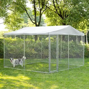 HOMEDIARY Large Outdoor Dog Kennel, Heavy Duty Dog House Playpen Galvanized Steel Pet Fence with Fully Enclosed Waterproof UV-Resistant Cover, Stainless Steel Zip Ties and Secure Lock