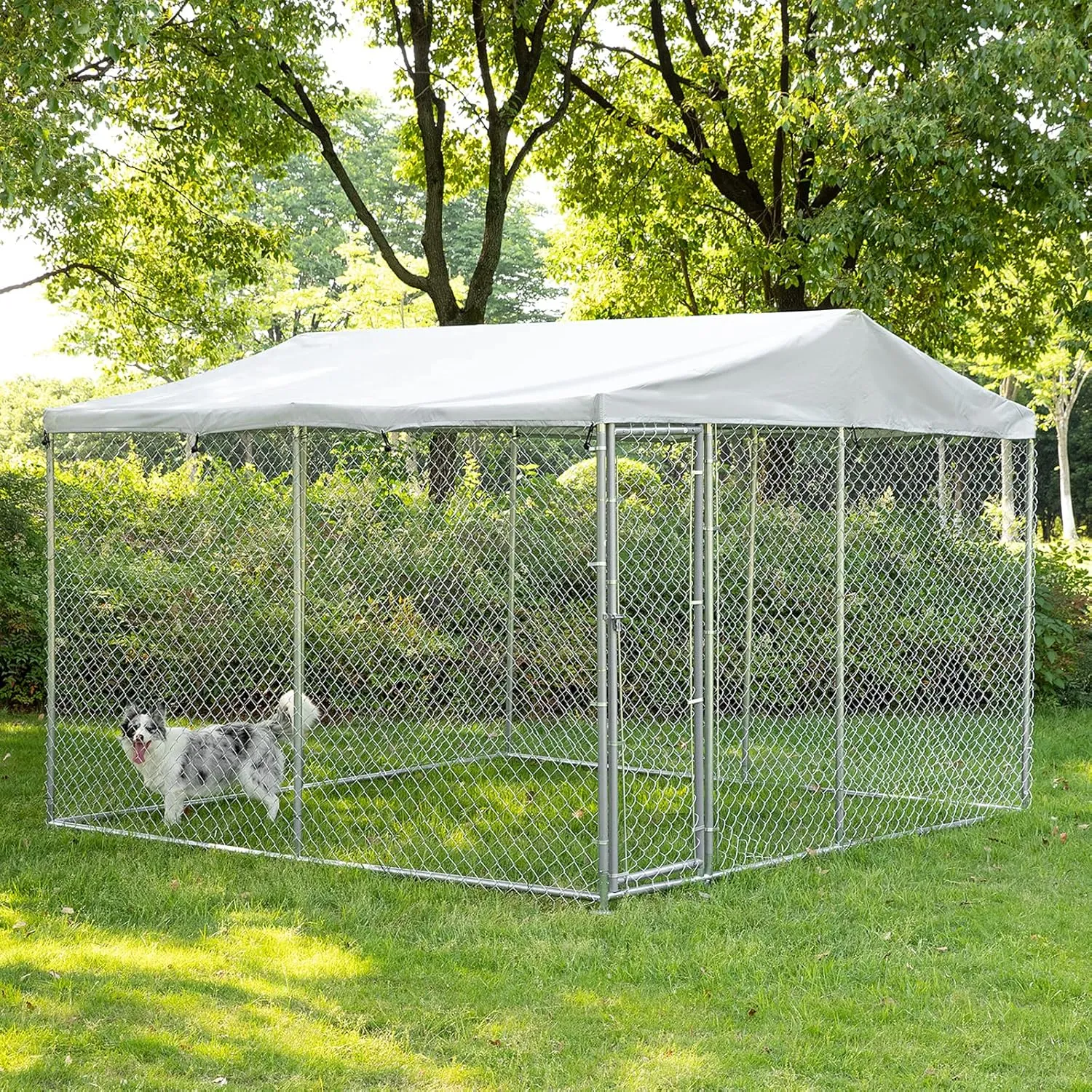 HOMEDIARY Large Outdoor Dog Kennel, Heavy Duty Dog House Playpen Galvanized Steel Pet Fence with Fully Enclosed Waterproof UV-Resistant Cover, Stainless Steel Zip Ties and Secure Lock