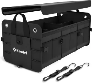 K KNODEL Car Trunk Organizer, Foldable Cover, Heavy Duty Collapsible Trunk Storage Organizer, Car Cargo Trunk Organizer with Lid, 3 Compartments, with Straps (Black)