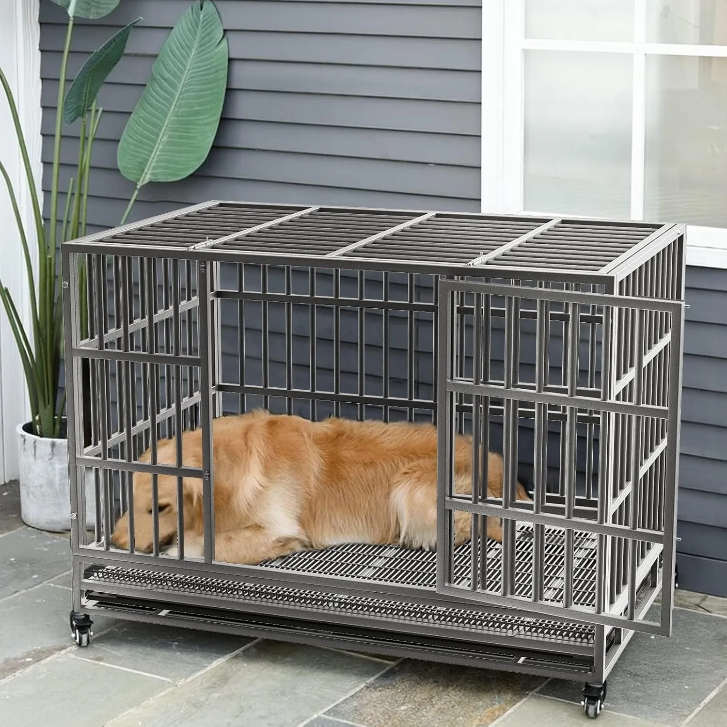 LEMBERI 42 inch Heavy Duty Indestructible Dog Crate, Escape Proof Dog Cage Kennel with Lockable Wheels,High Anxiety Double Door Dog Crate,Extra Large Crate Indoor for Large Dog with Removable Tray