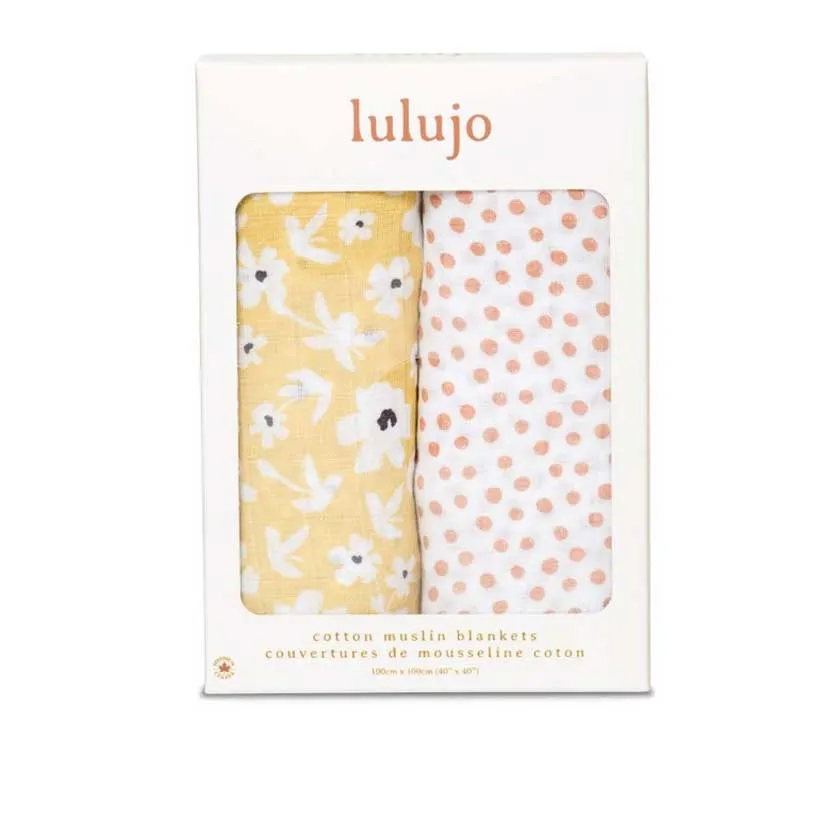 Lulujo Yellow Wildflowers & Dots Cotton Muslin Swaddles – 40×40″