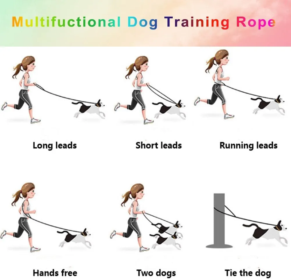 LWBMG Multifunctional Rope Dog Leash 7.5 FT with Double Swivel Hook Hands Free for Small Medium and Large Dogs Running Walking Rainbow