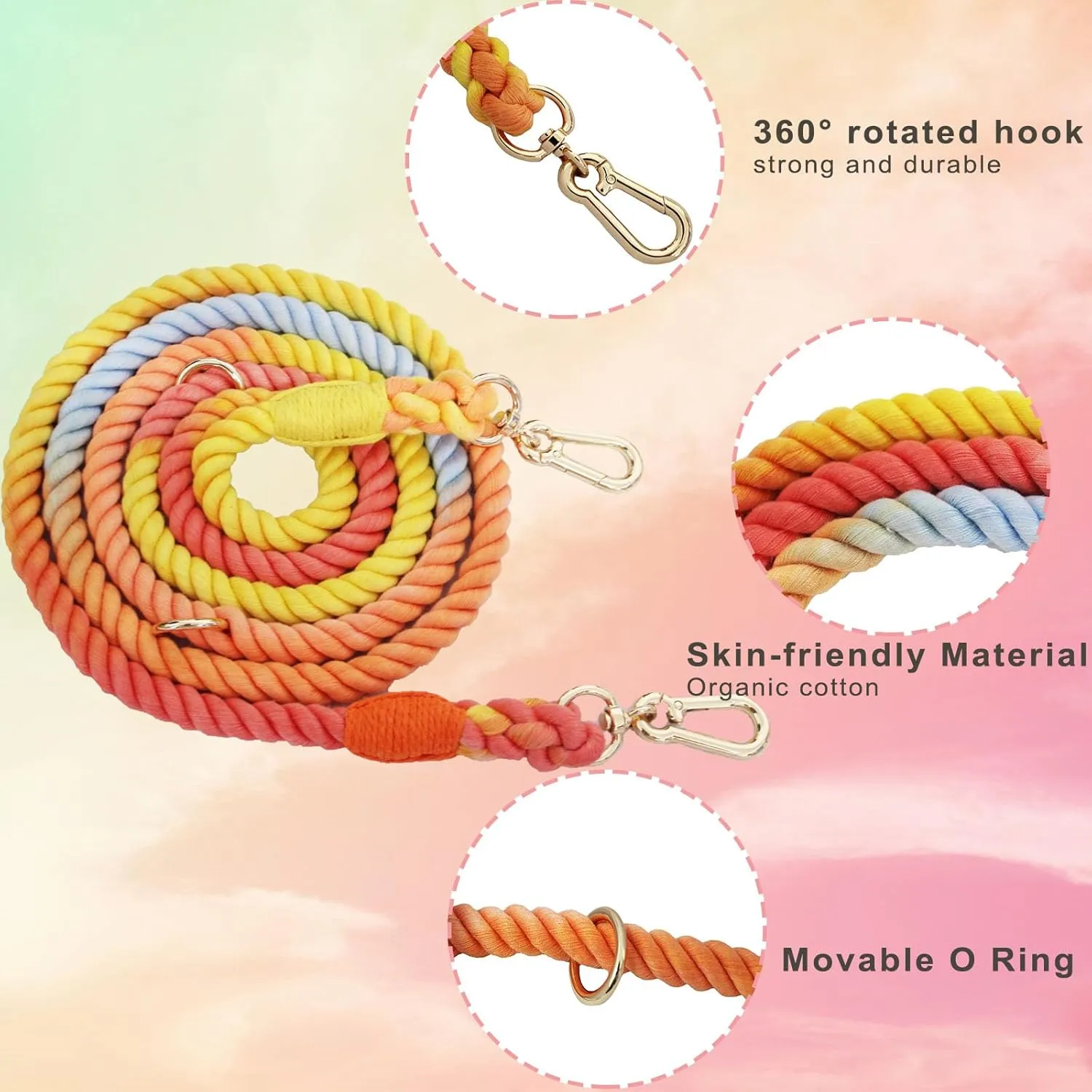 LWBMG Multifunctional Rope Dog Leash 7.5 FT with Double Swivel Hook Hands Free for Small Medium and Large Dogs Running Walking Rainbow