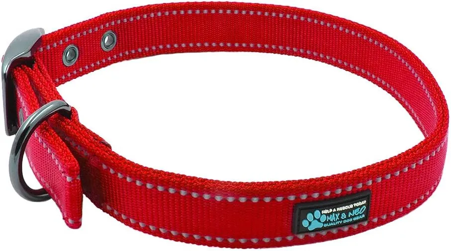 Max and Neo MAX Reflective Metal Buckle Dog Collar - We Donate a Collar to a Dog Rescue for Every Collar Sold (Small, RED)