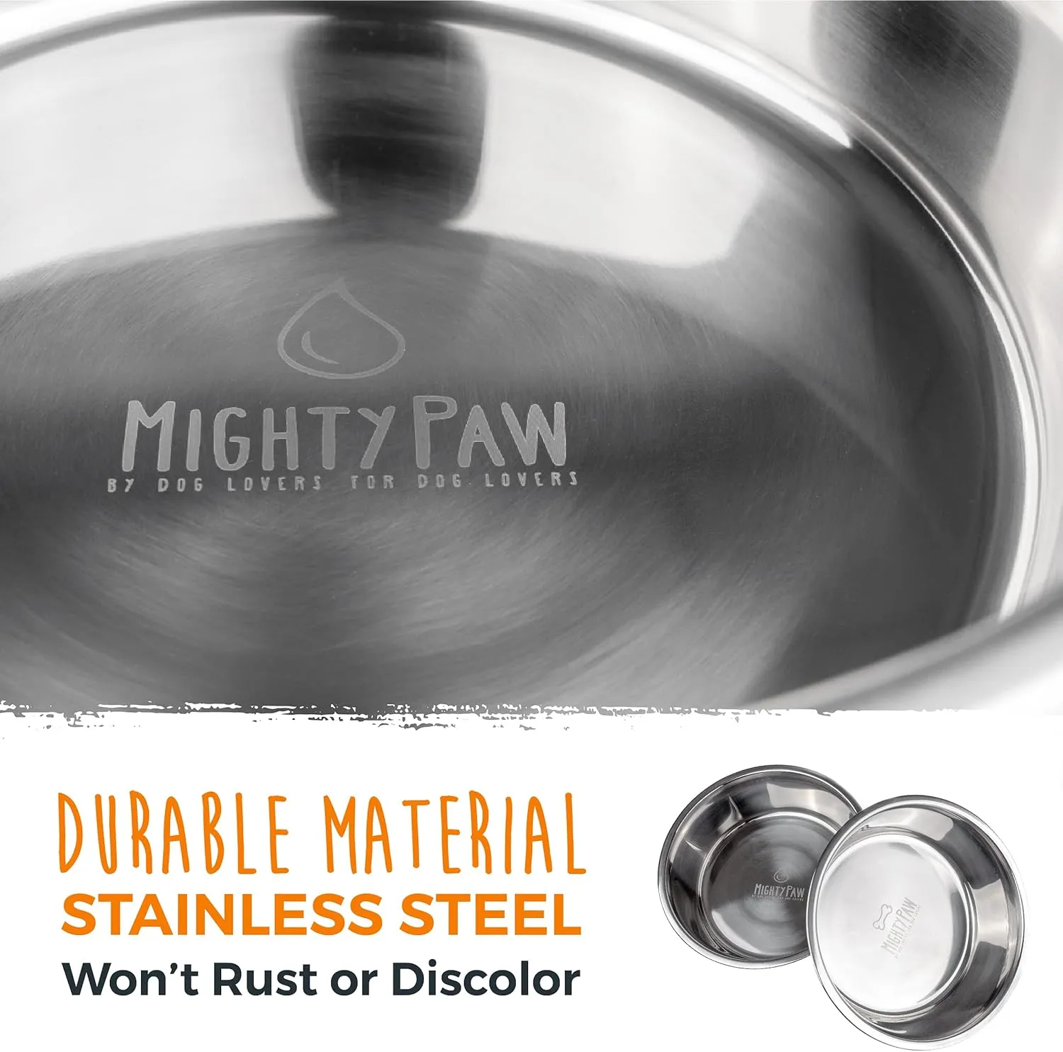 Mighty Paw Stainless Steel Dog Bowls - Steel Bowl Set - Pack of 2 - Non-Slip Rubber Bottom - No Spill Design - Safe Dog Food - Dishwasher Safe - Suitable for Small to Large Pets - Medium - 7 Inches