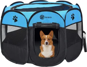 Mile High Life | Foldable Dog Playpen | Portable Dog Crate w Removable Shade Cover | Dog Kennel Indoor/Outdoor w Carry Case | Pen Tent for Dog/Cat/Rabbit(Blue Black, Small (29"x29"x17"))