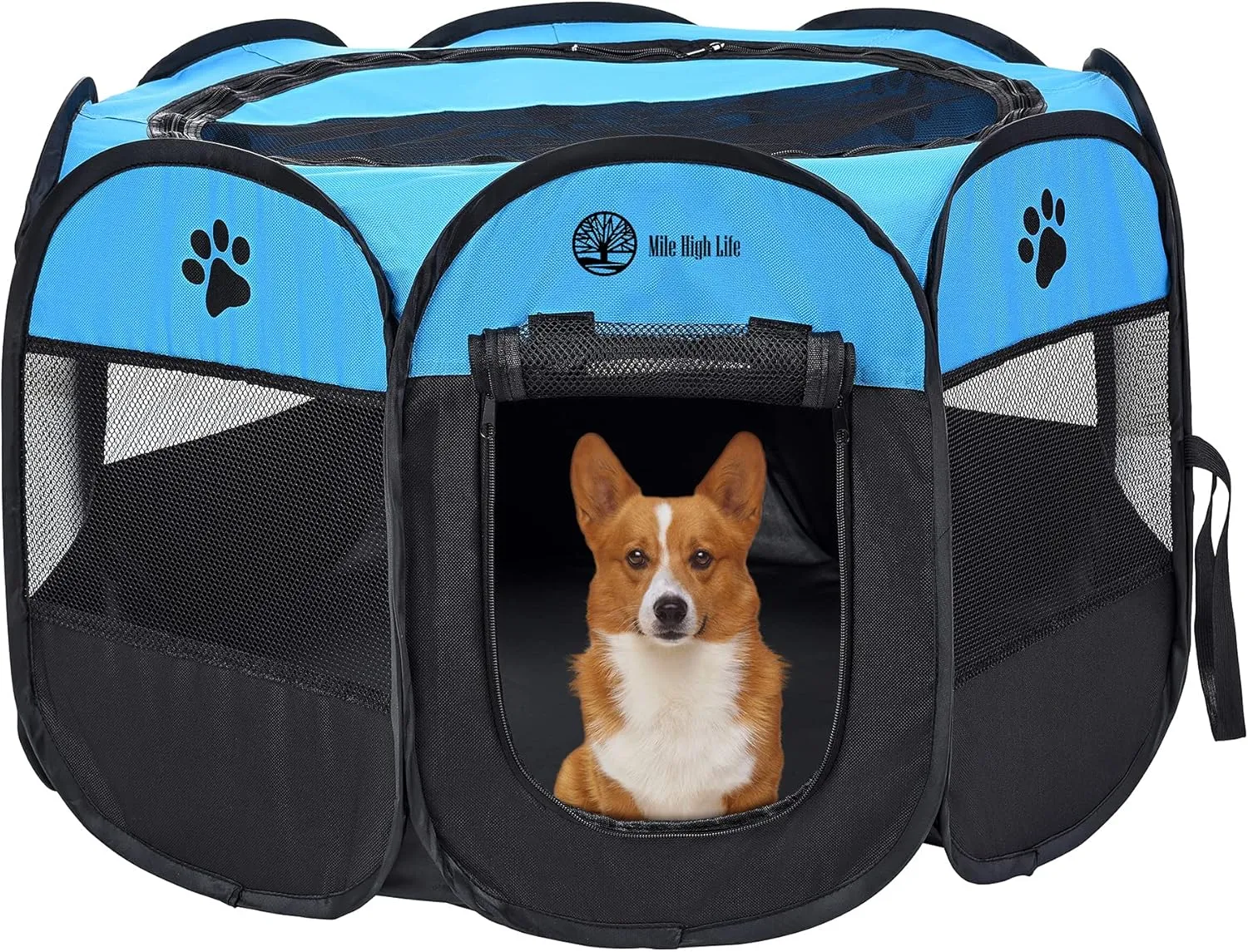 Mile High Life | Foldable Dog Playpen | Portable Dog Crate w Removable Shade Cover | Dog Kennel Indoor/Outdoor w Carry Case | Pen Tent for Dog/Cat/Rabbit(Blue Black, Small (29"x29"x17"))