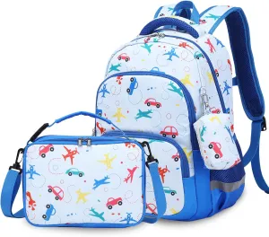 MIRLEWAIY Backpack for kids Boys Girls School Book Bag Children Student Daypack with Lunch Box, Blue Car and Airplane 15.7 inch