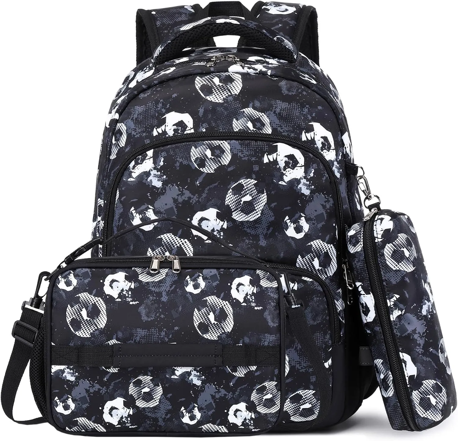 MIRLEWAIY School Backpack Kids Soccer Bookbag for Elementary Student with Insulated Lunch Bag Pencil Case, 15.7'' Football Set