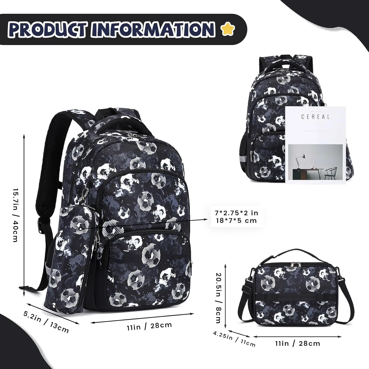 MIRLEWAIY School Backpack Kids Soccer Bookbag for Elementary Student with Insulated Lunch Bag Pencil Case, 15.7'' Football Set