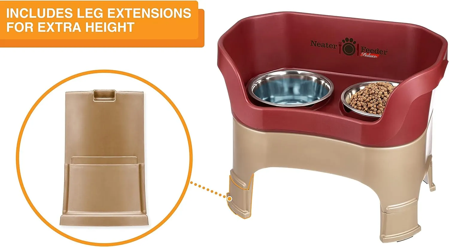 Neater Feeder Deluxe Mess Proof Dog Bowls Elevated for Large Dogs  Made in USA  No Spill Raised Dog Food Bowl Stand w/Leg Extensions  Stainless Steel Dog Food and Water Bowl Set  Red