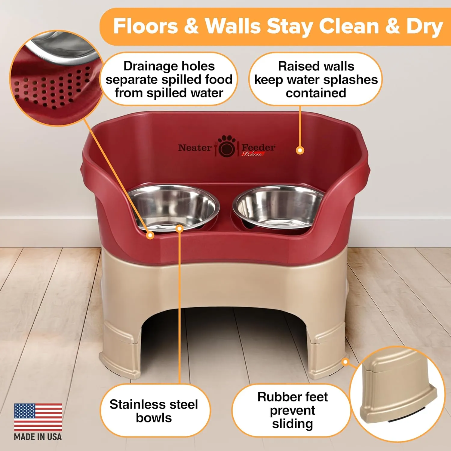 Neater Feeder Deluxe Mess Proof Dog Bowls Elevated for Large Dogs  Made in USA  No Spill Raised Dog Food Bowl Stand w/Leg Extensions  Stainless Steel Dog Food and Water Bowl Set  Red