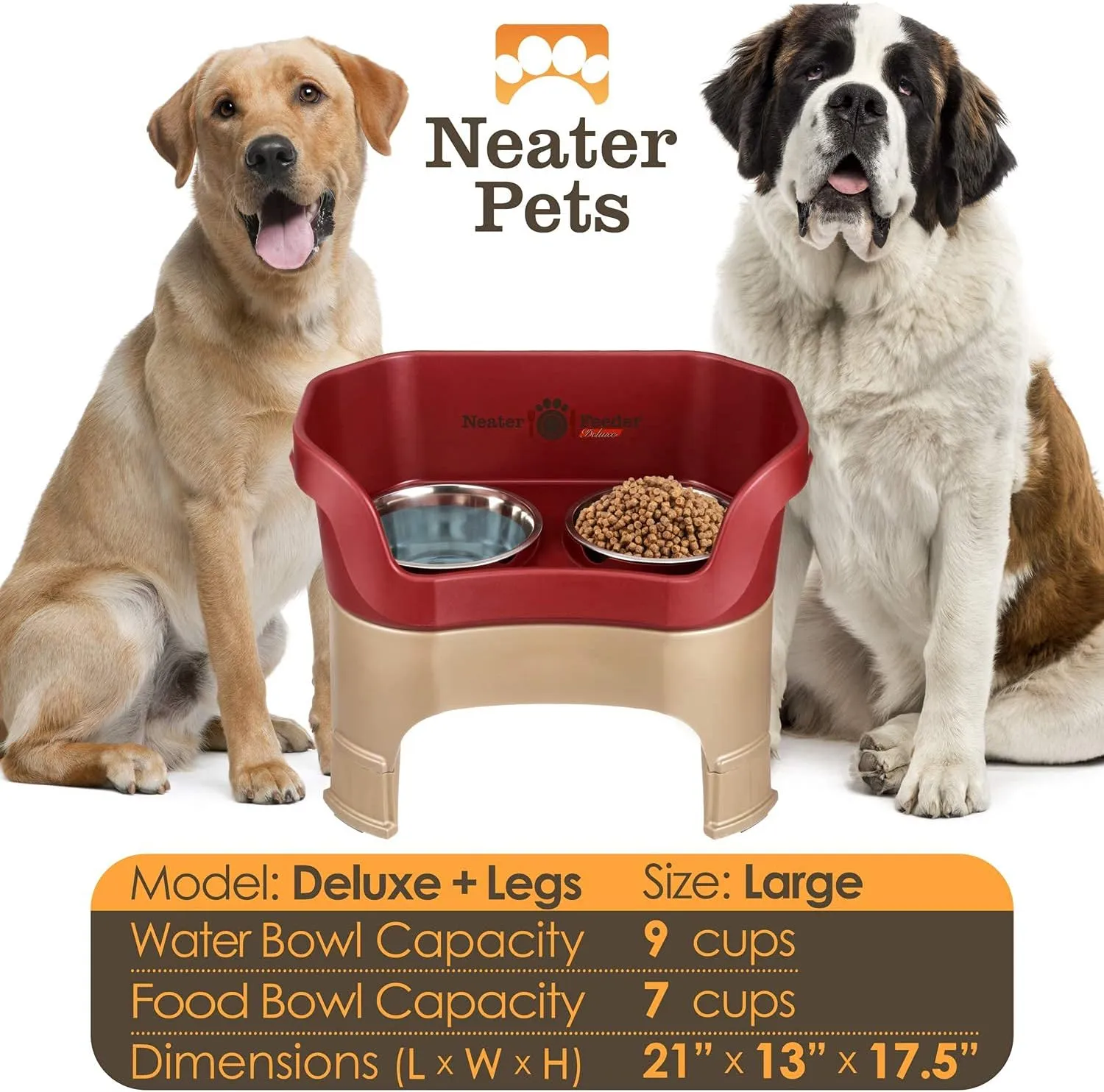 Neater Feeder Deluxe Mess Proof Dog Bowls Elevated for Large Dogs  Made in USA  No Spill Raised Dog Food Bowl Stand w/Leg Extensions  Stainless Steel Dog Food and Water Bowl Set  Red