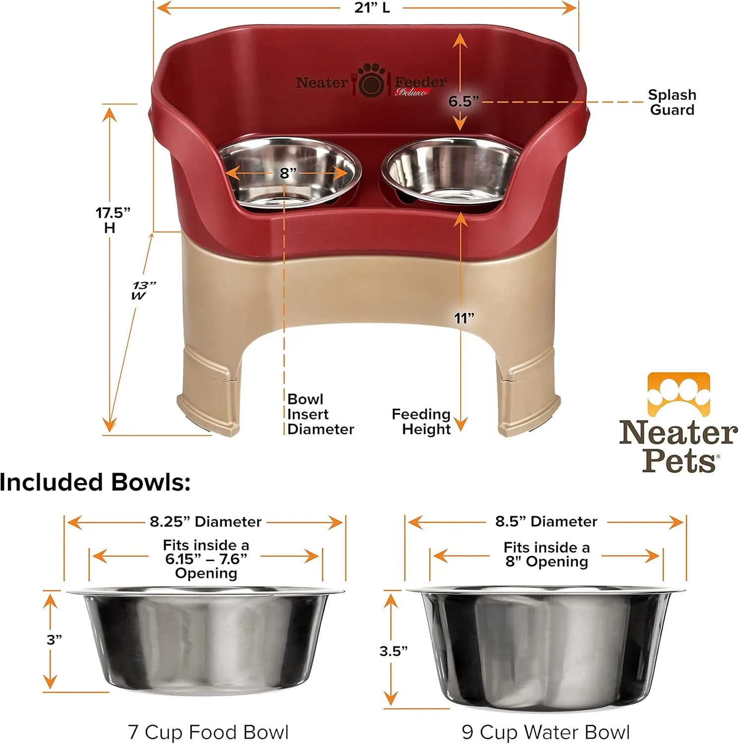 Neater Feeder Deluxe Mess Proof Dog Bowls Elevated for Large Dogs  Made in USA  No Spill Raised Dog Food Bowl Stand w/Leg Extensions  Stainless Steel Dog Food and Water Bowl Set  Red