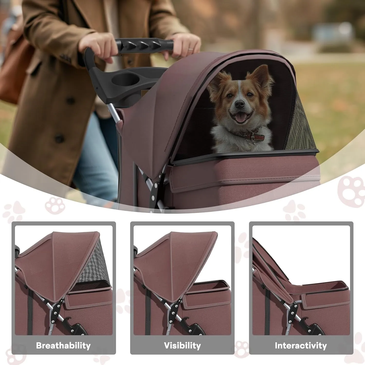 Pet Stroller for Small Dogs 10 lbs, Dog Stroller for Medium Dogs 30 lbs, Cat Strollers for 2 Cats, 3 Wheels Foldable Jogger Puppy Stroller with Storage Basket and Cup Holder, Coffee