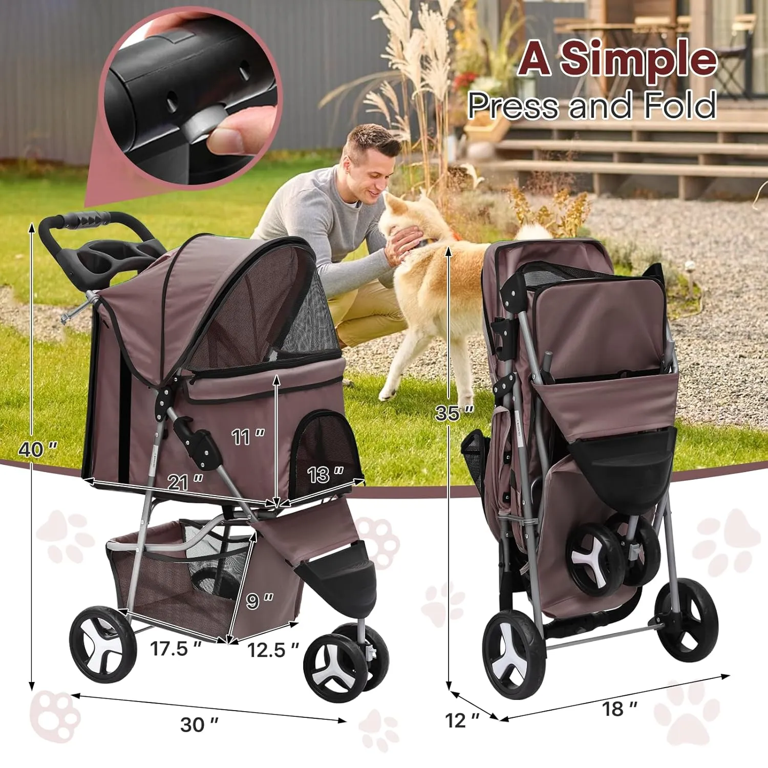 Pet Stroller for Small Dogs 10 lbs, Dog Stroller for Medium Dogs 30 lbs, Cat Strollers for 2 Cats, 3 Wheels Foldable Jogger Puppy Stroller with Storage Basket and Cup Holder, Coffee