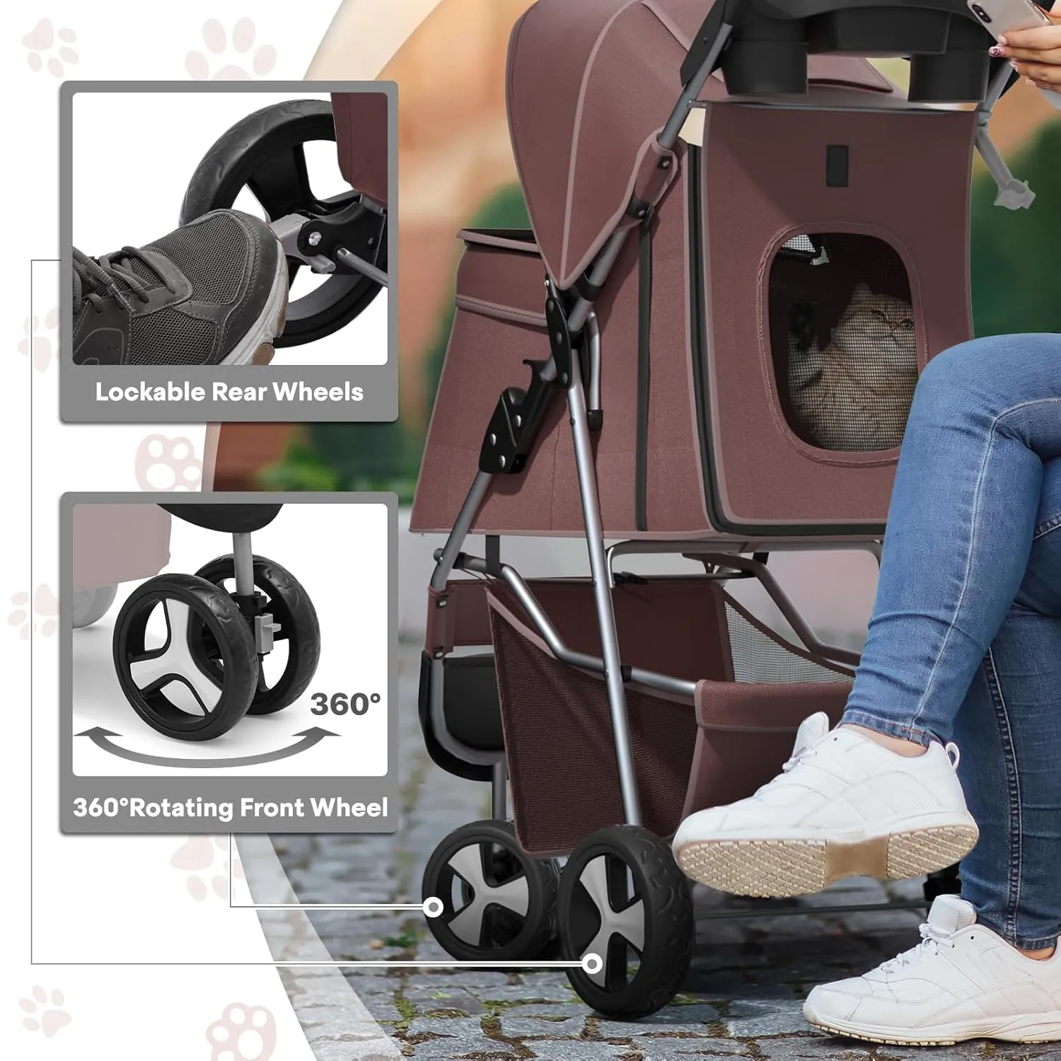 Pet Stroller for Small Dogs 10 lbs, Dog Stroller for Medium Dogs 30 lbs, Cat Strollers for 2 Cats, 3 Wheels Foldable Jogger Puppy Stroller with Storage Basket and Cup Holder, Coffee