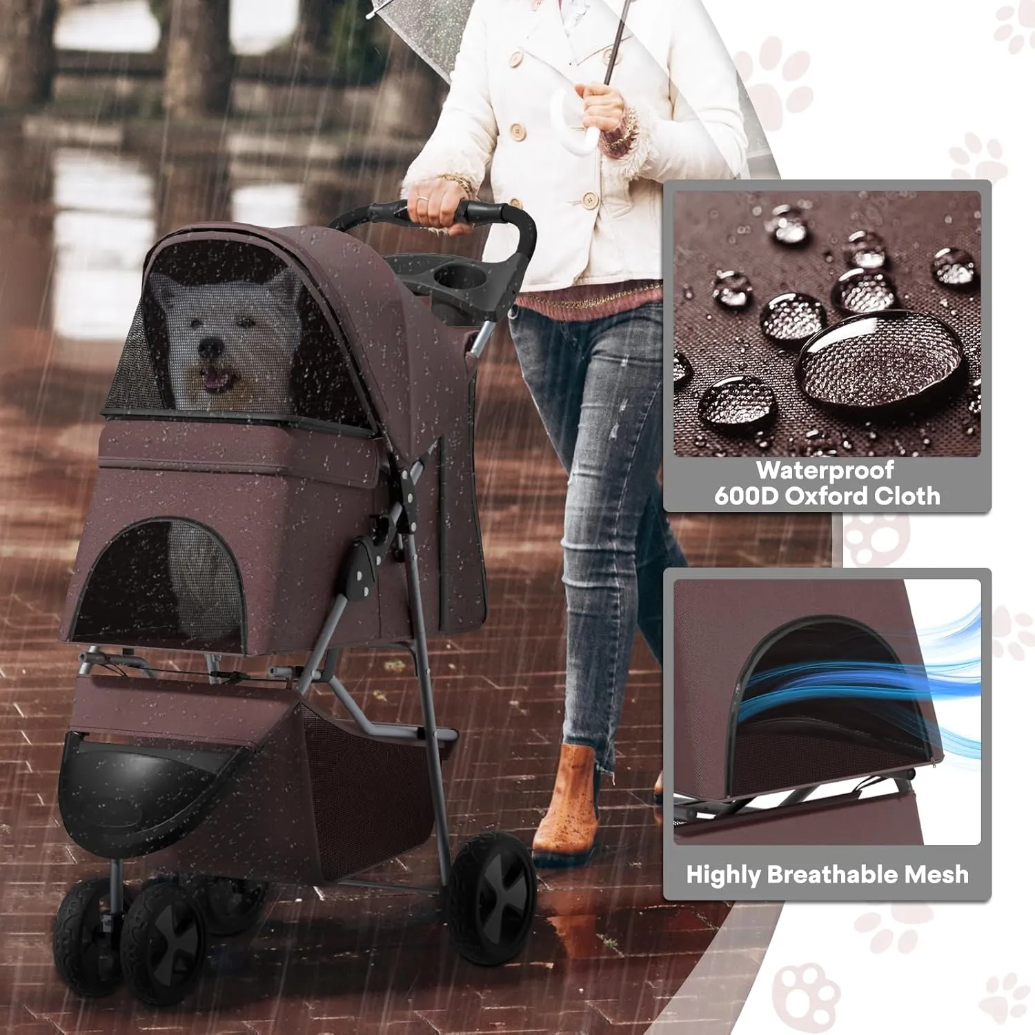 Pet Stroller for Small Dogs 10 lbs, Dog Stroller for Medium Dogs 30 lbs, Cat Strollers for 2 Cats, 3 Wheels Foldable Jogger Puppy Stroller with Storage Basket and Cup Holder, Coffee