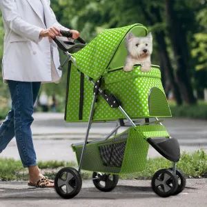 Pet Stroller for Small Dogs 10 lbs, Dog Stroller for Medium Dogs 30 lbs, Cat Strollers for 2 Cats, 3 Wheels Foldable Jogger Puppy Stroller with Storage Basket and Cup Holder, Lawn Green Polka Dots