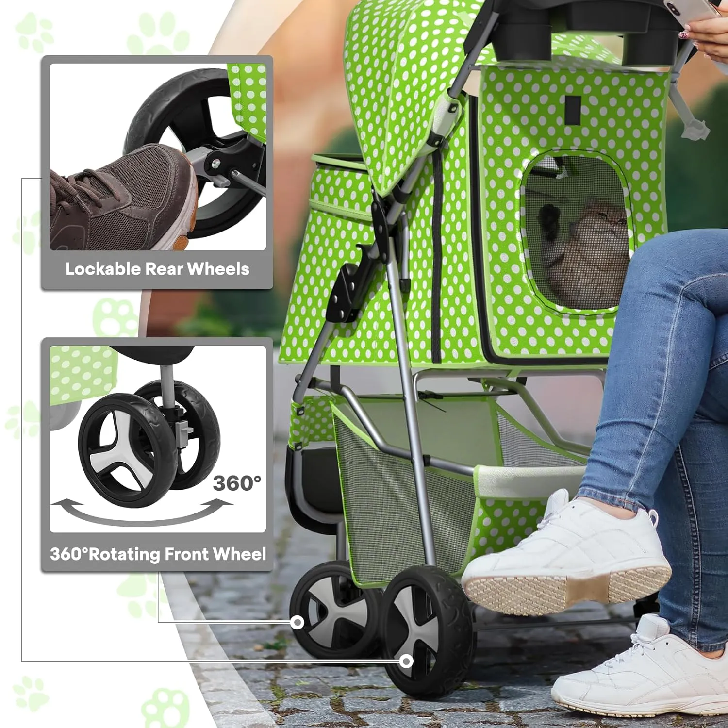 Pet Stroller for Small Dogs 10 lbs, Dog Stroller for Medium Dogs 30 lbs, Cat Strollers for 2 Cats, 3 Wheels Foldable Jogger Puppy Stroller with Storage Basket and Cup Holder, Lawn Green Polka Dots