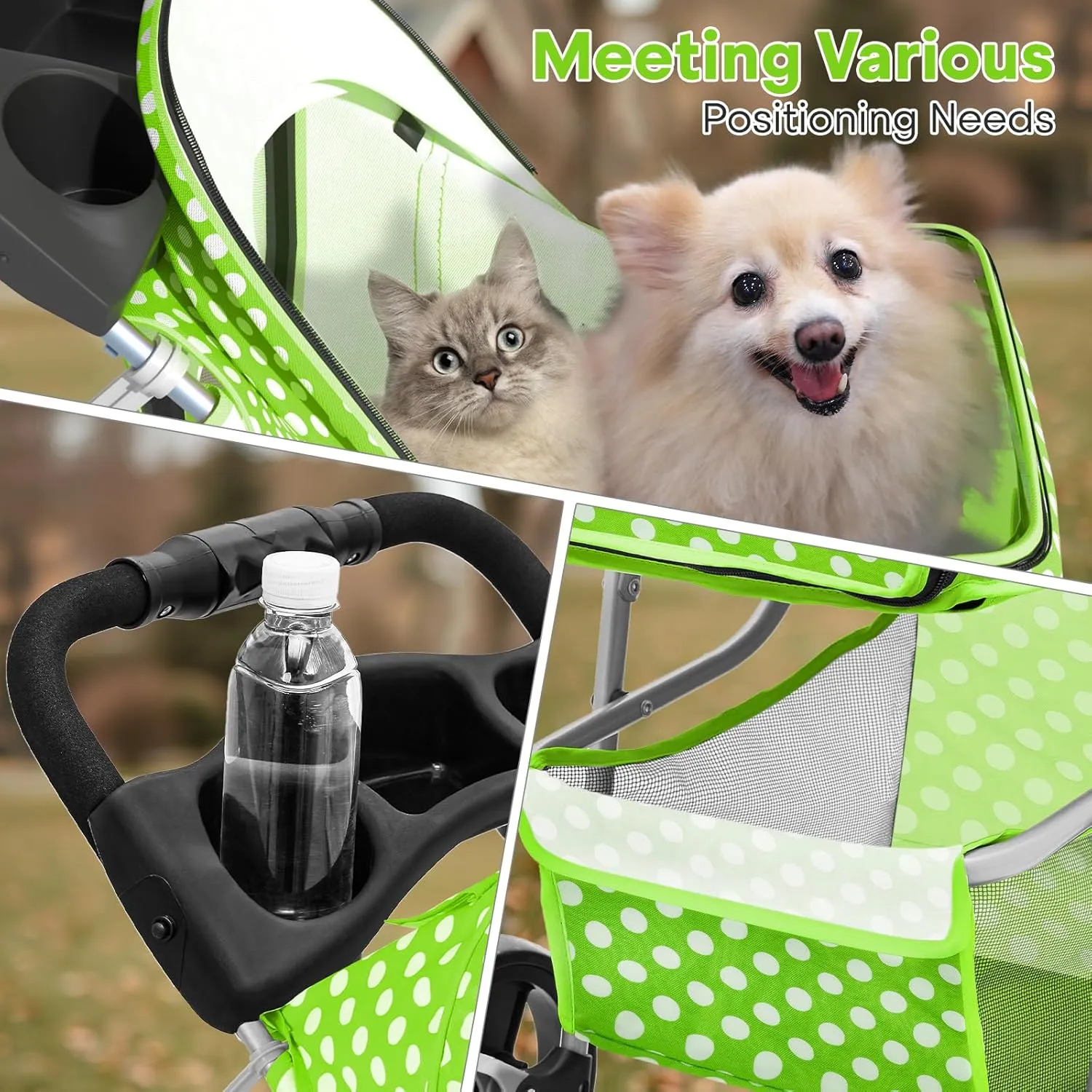 Pet Stroller for Small Dogs 10 lbs, Dog Stroller for Medium Dogs 30 lbs, Cat Strollers for 2 Cats, 3 Wheels Foldable Jogger Puppy Stroller with Storage Basket and Cup Holder, Lawn Green Polka Dots