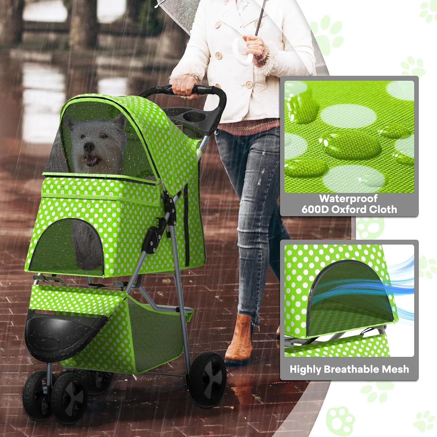 Pet Stroller for Small Dogs 10 lbs, Dog Stroller for Medium Dogs 30 lbs, Cat Strollers for 2 Cats, 3 Wheels Foldable Jogger Puppy Stroller with Storage Basket and Cup Holder, Lawn Green Polka Dots