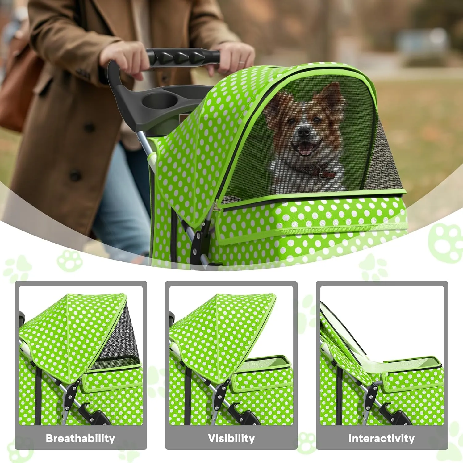 Pet Stroller for Small Dogs 10 lbs, Dog Stroller for Medium Dogs 30 lbs, Cat Strollers for 2 Cats, 3 Wheels Foldable Jogger Puppy Stroller with Storage Basket and Cup Holder, Lawn Green Polka Dots