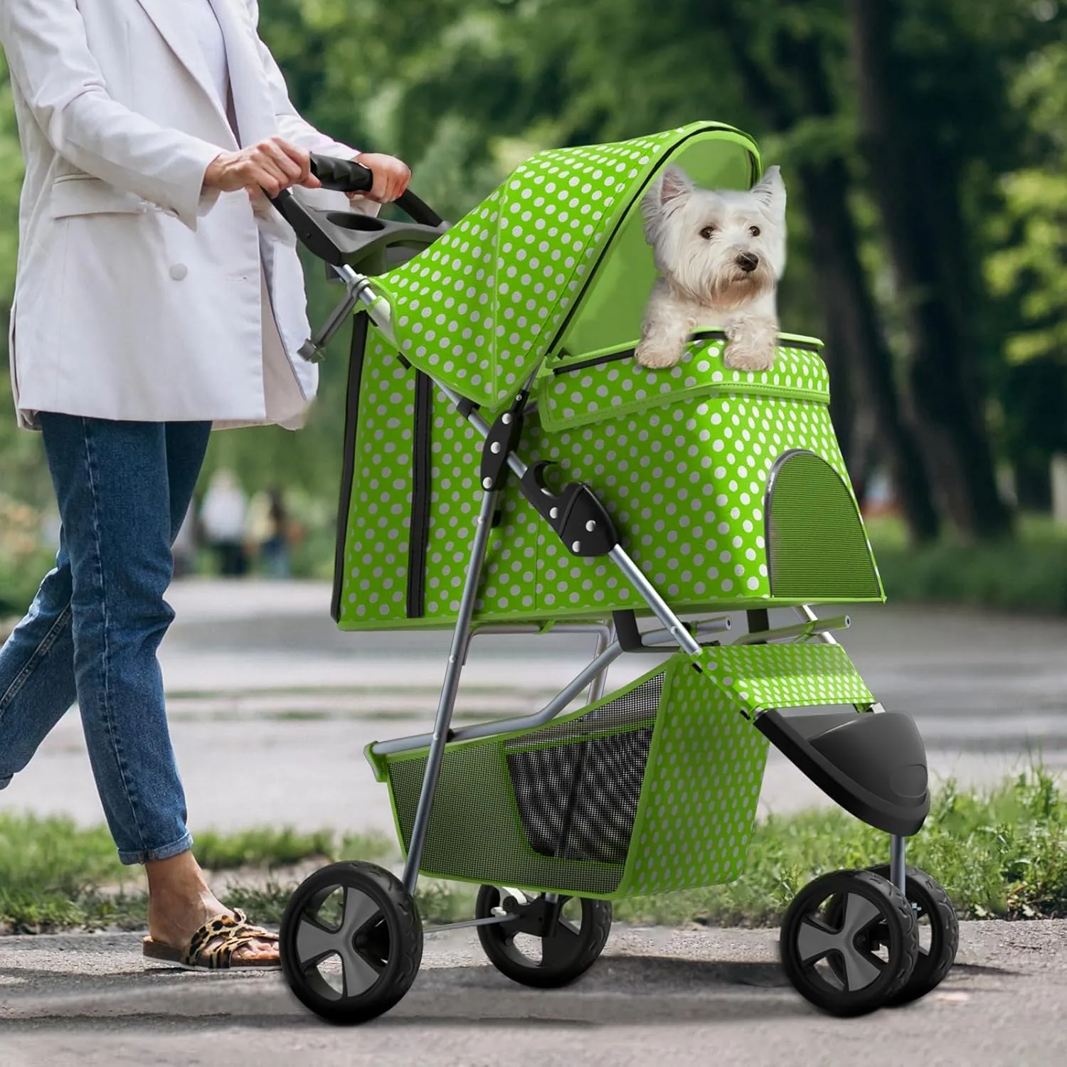 Pet Stroller for Small Dogs 10 lbs, Dog Stroller for Medium Dogs 30 lbs, Cat Strollers for 2 Cats, 3 Wheels Foldable Jogger Puppy Stroller with Storage Basket and Cup Holder, Lawn Green Polka Dots