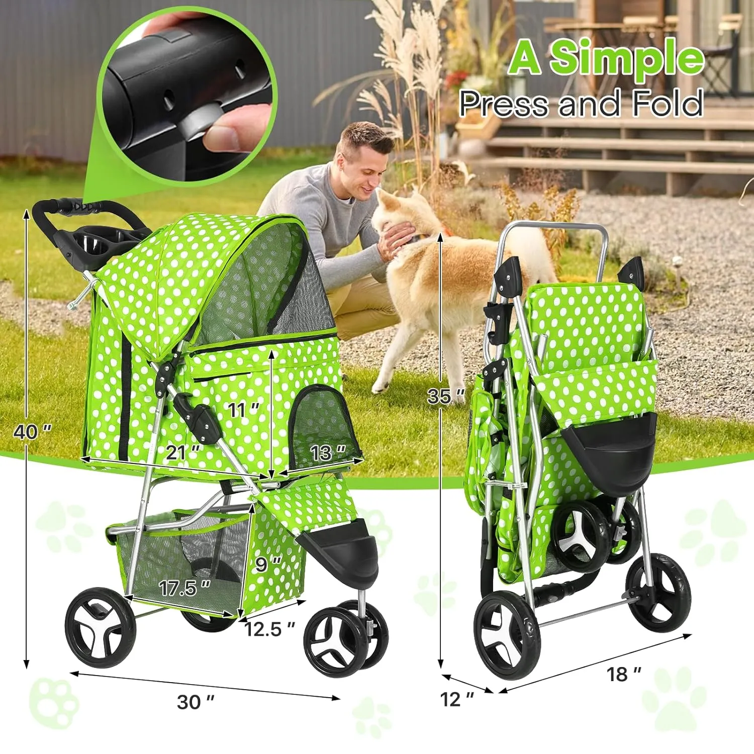 Pet Stroller for Small Dogs 10 lbs, Dog Stroller for Medium Dogs 30 lbs, Cat Strollers for 2 Cats, 3 Wheels Foldable Jogger Puppy Stroller with Storage Basket and Cup Holder, Lawn Green Polka Dots