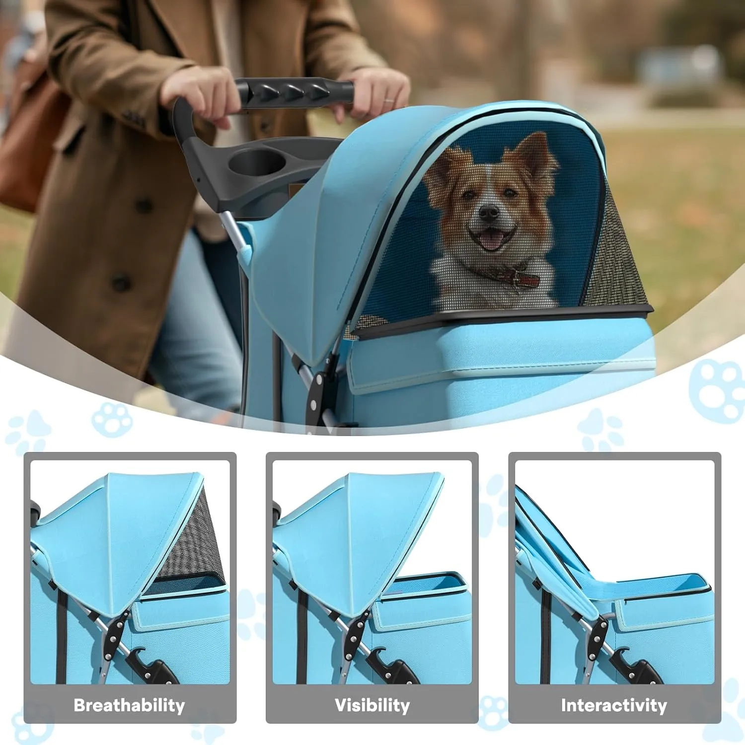 Pet Stroller for Small Dogs 10 lbs, Dog Stroller for Medium Dogs 30 lbs, Cat Strollers for 2 Cats, 3 Wheels Foldable Jogger Puppy Stroller with Storage Basket and Cup Holder, Mint