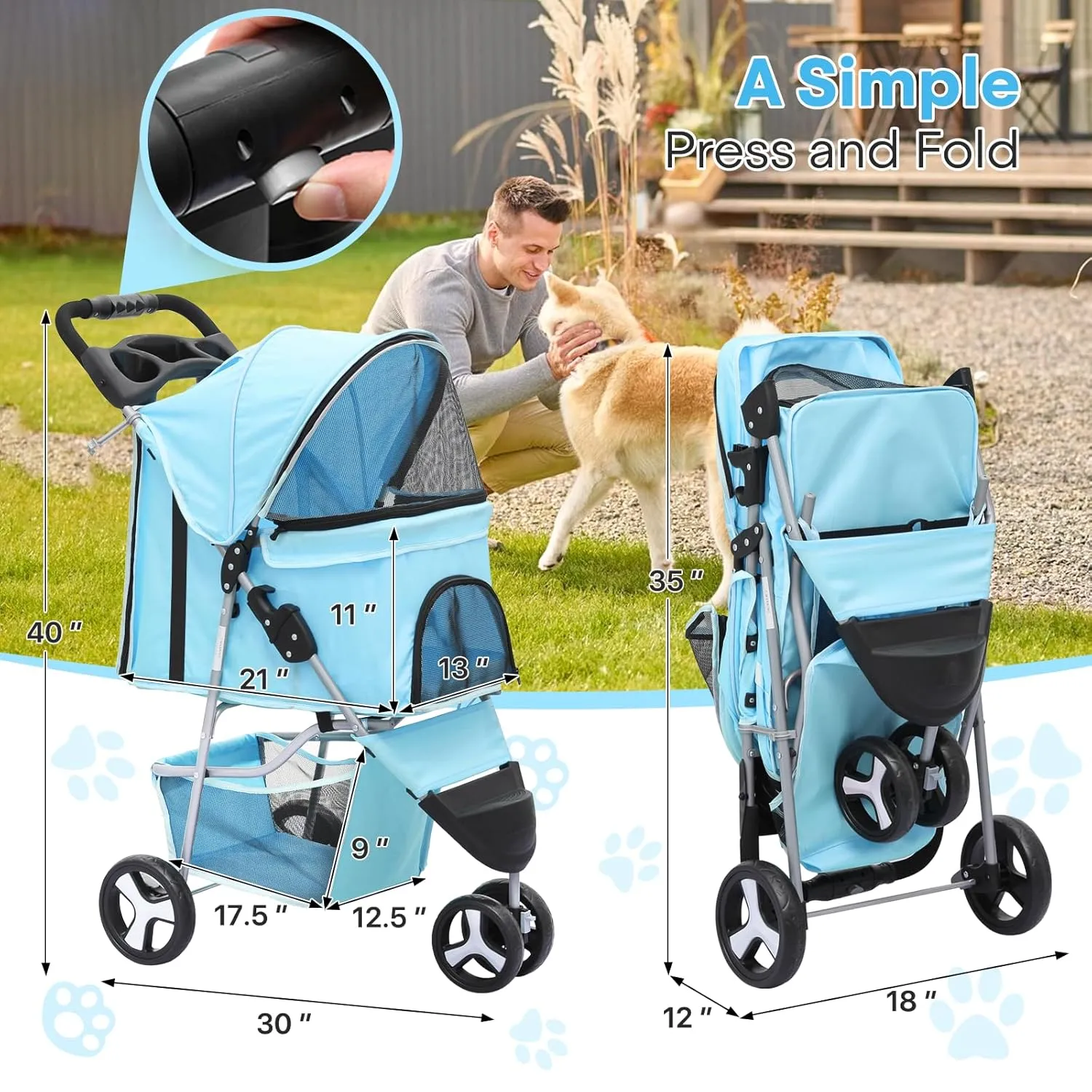 Pet Stroller for Small Dogs 10 lbs, Dog Stroller for Medium Dogs 30 lbs, Cat Strollers for 2 Cats, 3 Wheels Foldable Jogger Puppy Stroller with Storage Basket and Cup Holder, Mint